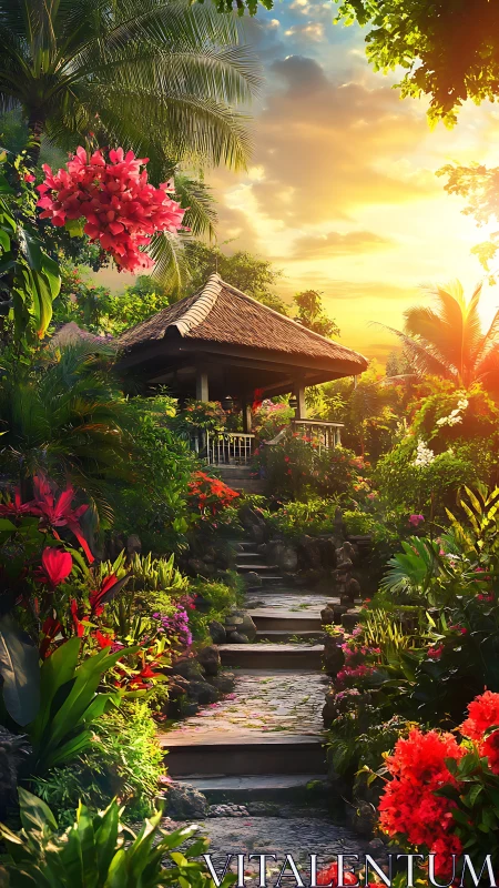 Sunlit tropical garden path leading to wooden gazebo.