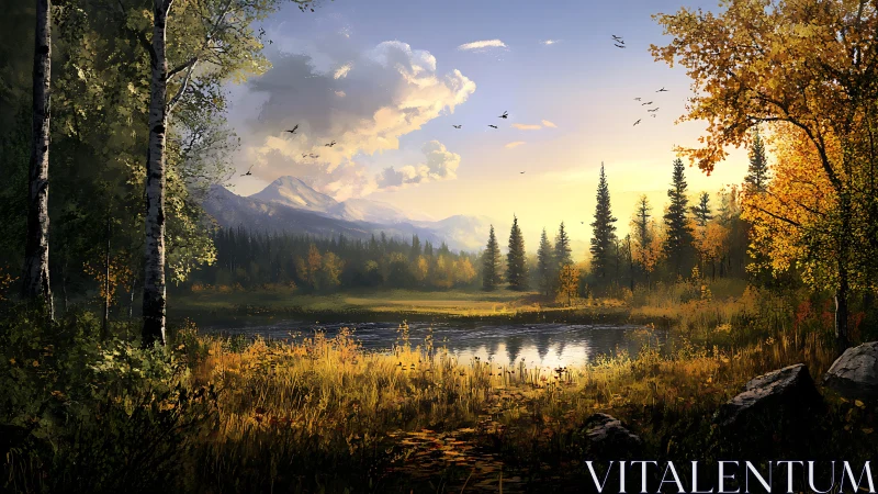 Golden hour settles gently over a peaceful forest lake