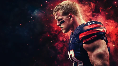 Side-profile depiction of football player amid red particle cloud