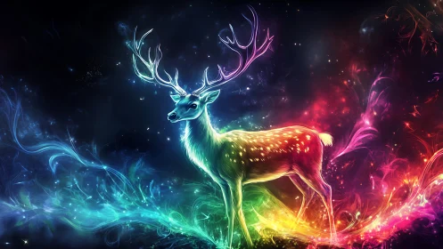Glowing multicolor deer stands in swirling neon light field
