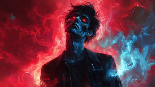 Storm-lit rebel between fire and frost-hued shadows.