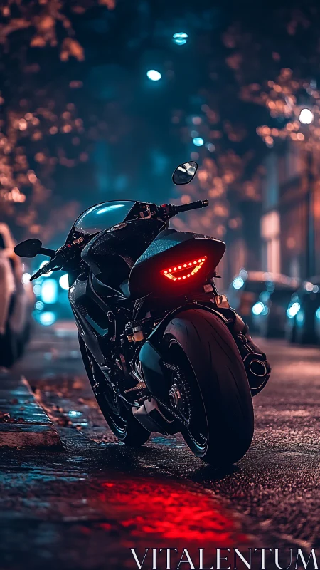 Sport motorcycle on wet urban street at night, rear view.