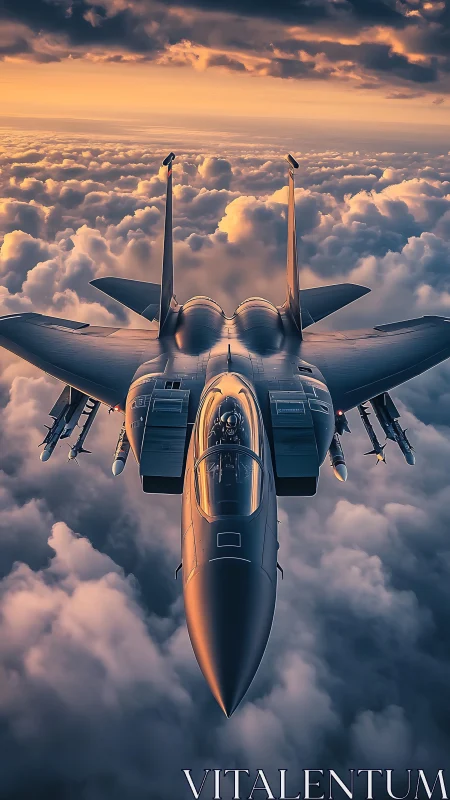 Modern twin‑engine fighter jet above dense cloud layer.