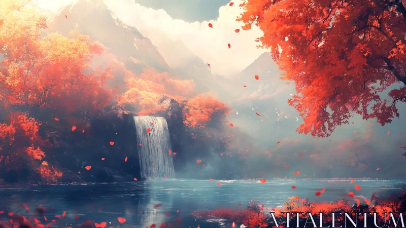 Crimson forest waterfall under misty mountain light.