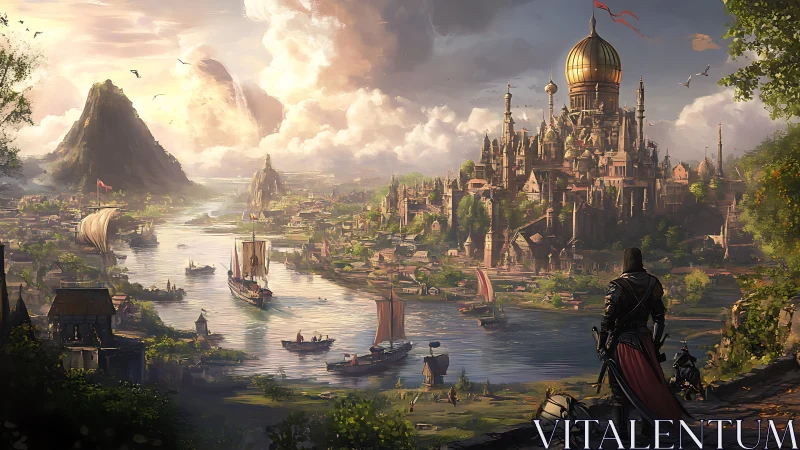 Fantasy riverside city with golden-domed palace and ships.