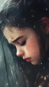 Sad wet girl profile rendered with hyperreal digital detail