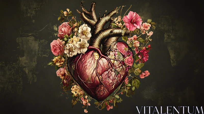 Anatomical heart displayed with ornamental floral composition surrounding central figure.