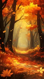 Golden Pathway Glows Where Autumn's Whispers Dance Through Shadowed Woods