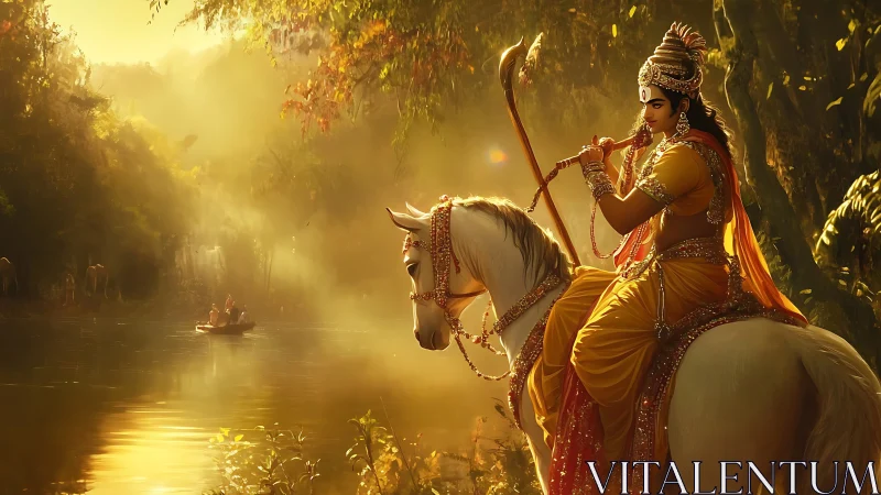 Decorated rider on white horse near river in golden light