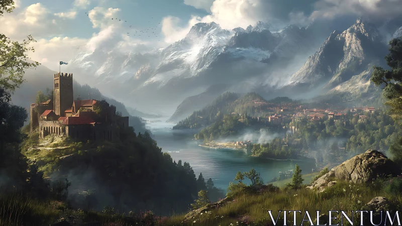 Medieval lakeside fortress with distant town and mountains.