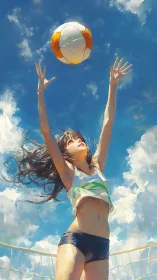 Female volleyball player reaching upward under clear sky.