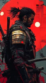 Lone samurai stands in bold red light, ready for battle