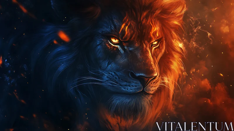 Fiery elemental lion emerges from glowing cosmic shadows