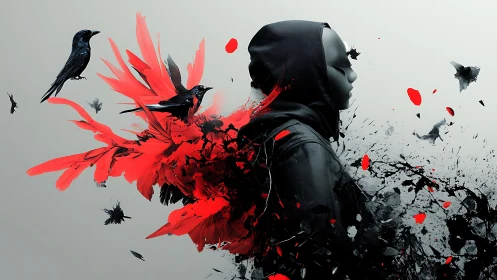 Hooded shadow amid exploding crows and crimson fractures.