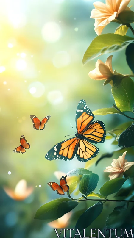 Multiple orange butterflies move among illuminated foliage