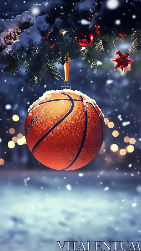 Basketball ornament hangs from snowy Christmas tree branch