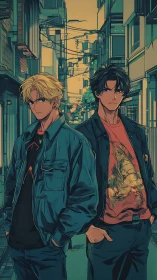 Two young men in jackets standing in a narrow city alley.