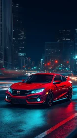 Cyberpunk nightscape with red sports coupe and neon reflections.