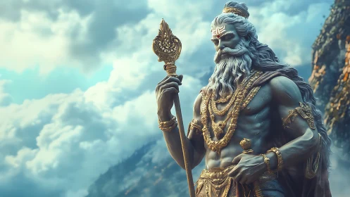 Majestic warrior sage statue against dramatic cloudy sky.