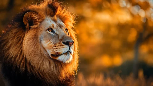 Sunlit lion monarch gazing through a molten gold savanna.