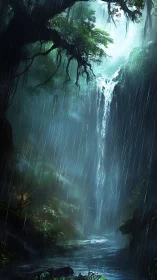 Misty Waterfall Canyon with Ancient Tree and Cascading Water