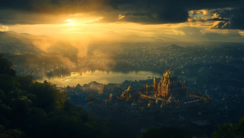 Golden domed palace city glows under stormlit sunset sky