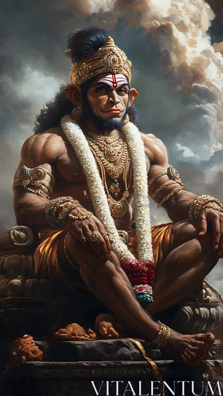 Mythic simian monarch in hyper-detailed ceremonial regalia.