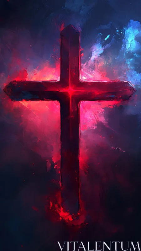 Crimson cross ignites in stormy neon clouds of faith.