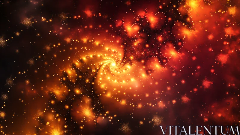 Spiral fractal field with orange and red luminous clusters.