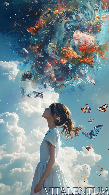 Atmospheric daydream vector of girl, clouds and chromatic vortex.