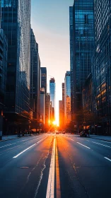 Sunlit urban canyon with reflective glass skyscrapers at dusk.