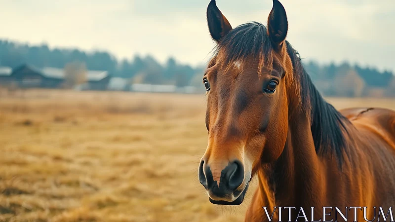 Curious brown horse gazing softly across a golden field.