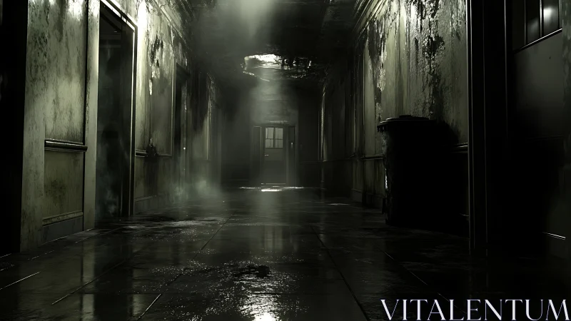 Rotting hospital corridor under harsh overhead light.