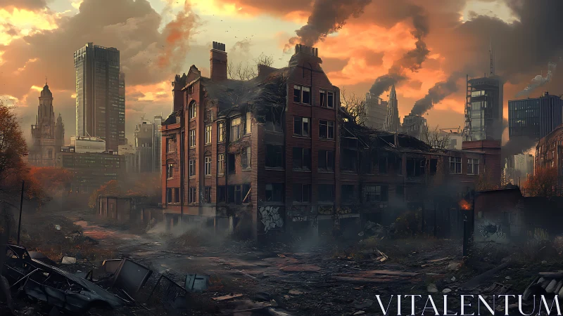 Ruined red-brick tenement in smoldering twilight cityscape.