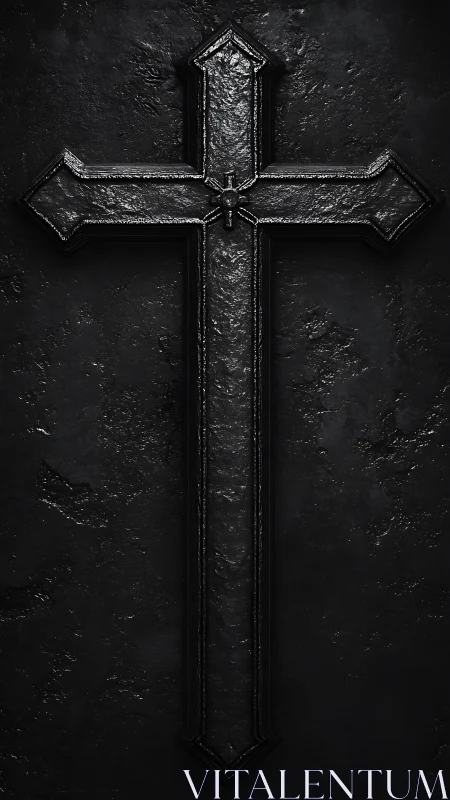 Dark metallic cross with textured surface on rough wall