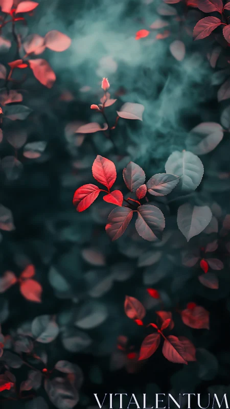 Crimson leaves drifting through teal-tinted forest mist.