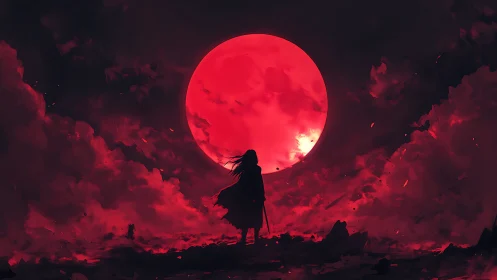 Silhouetted figure observes massive crimson moon amid turbulent clouds