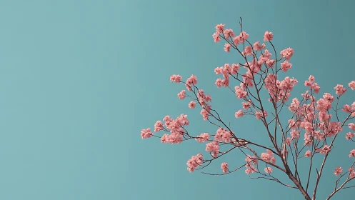 Delicate cherry blossoms on a branch against minimalist blue sky.