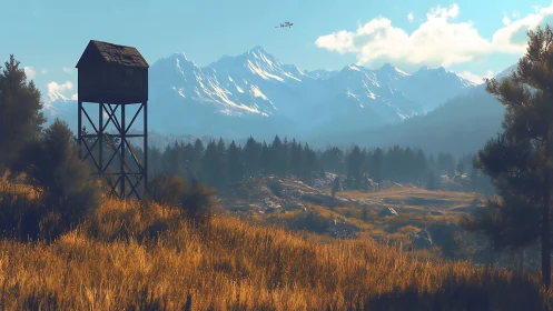 Wooden watchtower overlooks distant snowy mountain range