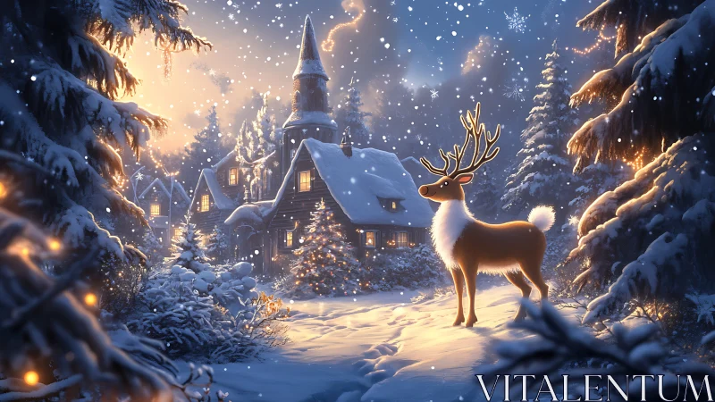 Gentle reindeer glows in a snowy, lantern-lit winter village.