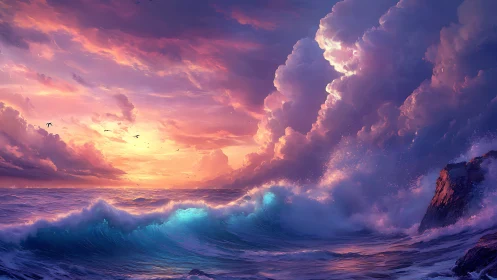 Storm-driven sunset waves strike glowing violet clouds