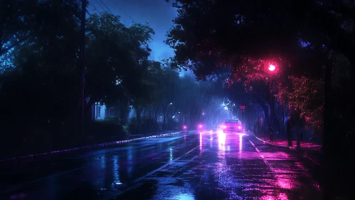 Neon car headlights on wet city street in midnight rain.