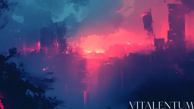 Neon dusk over ruined futuristic city skylinescape.