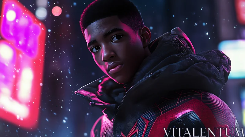 Confident young hero in neon winter city lights at night.