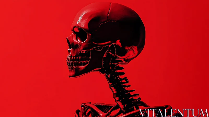Side profile digital skeleton on solid red background.