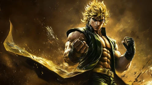 Muscular blond anime fighter posed against golden storm.