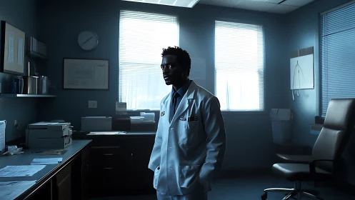 Medical professional standing in dim clinical office interior.
