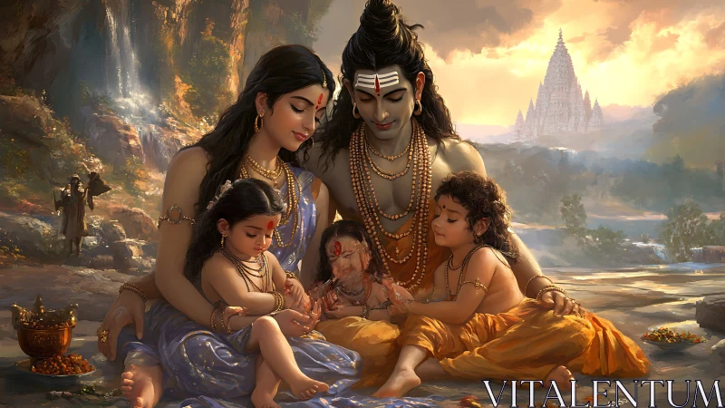 Sacred mountain family sharing sunset-lit divine tenderness.