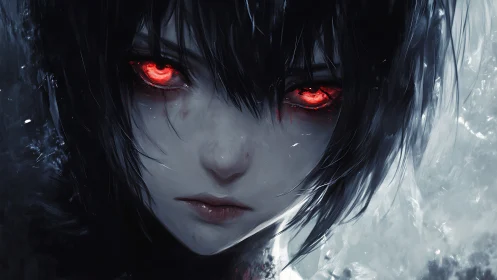 Digital painting portrait with crimson eyes and glacial contrast.
