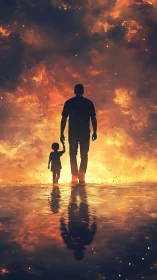Father and Child Standing Together Through the Flames.